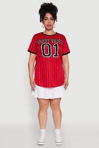 Womens Plus Size Good Vibes 01 Pinstripe Baseball Jersey, Red, Size 4X