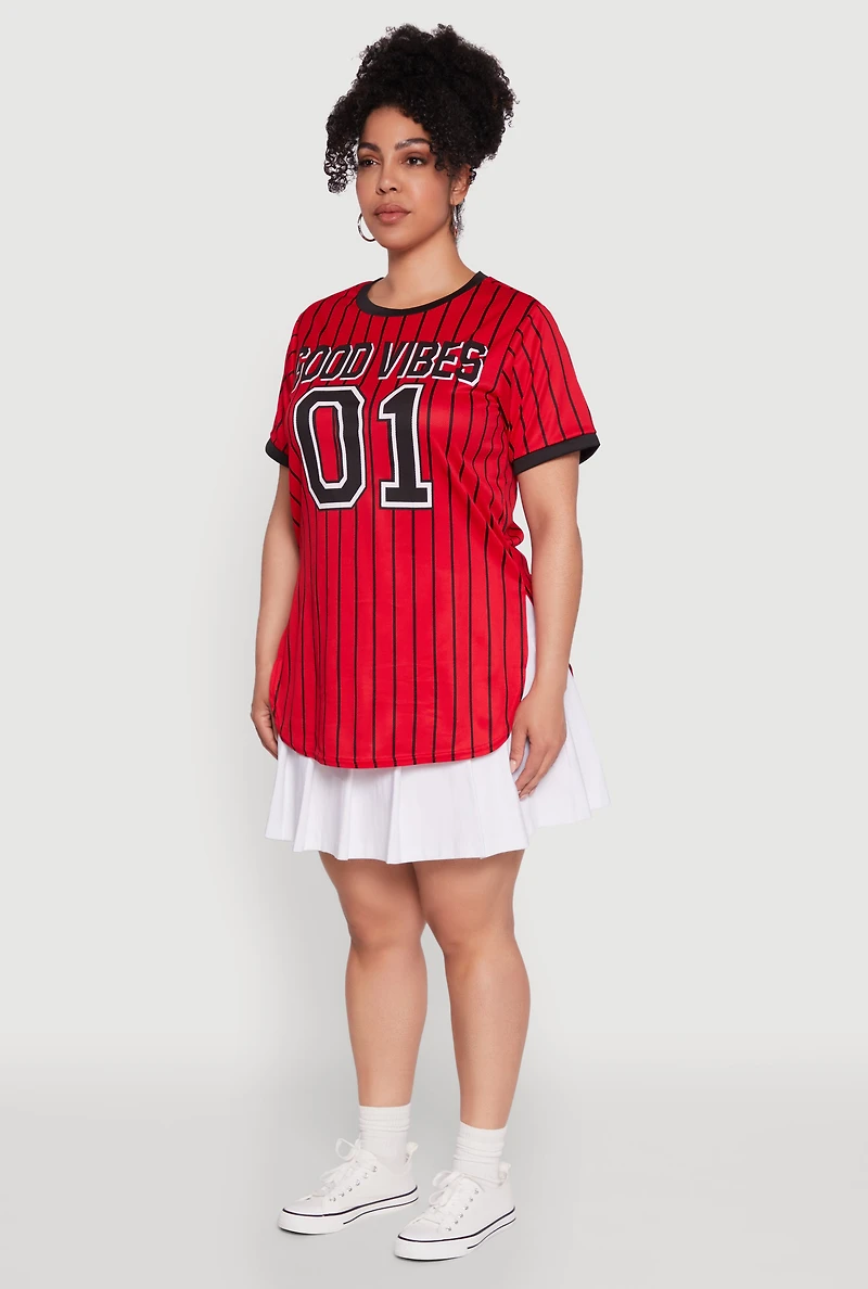Womens Plus Size Good Vibes 01 Pinstripe Baseball Jersey, Red, Size 4X