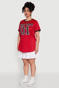Womens Plus Size Good Vibes 01 Pinstripe Baseball Jersey, Red, Size 4X