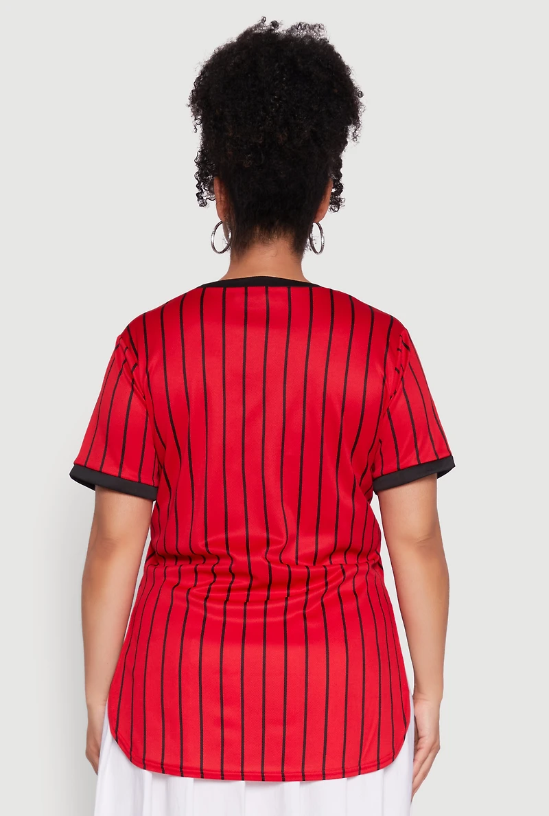 Womens Plus Size Good Vibes 01 Pinstripe Baseball Jersey, Red, Size 4X