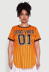 Womens Plus Size Good Vibes 01 Pinstripe Baseball Jersey, Orange, Size 3X