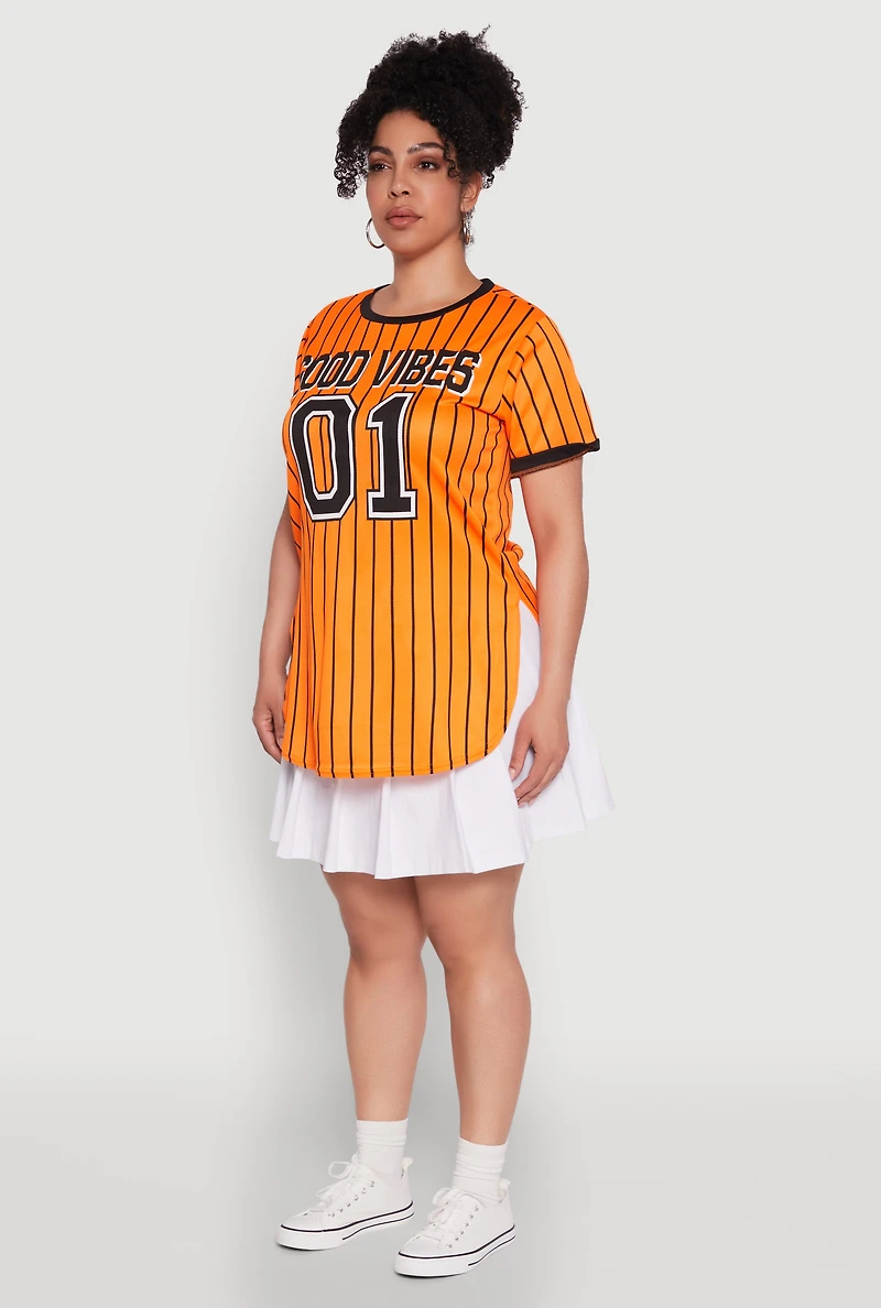 Womens Plus Size Good Vibes 01 Pinstripe Baseball Jersey, Orange, Size 3X