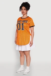 Womens Plus Size Good Vibes 01 Pinstripe Baseball Jersey, Orange, Size 3X