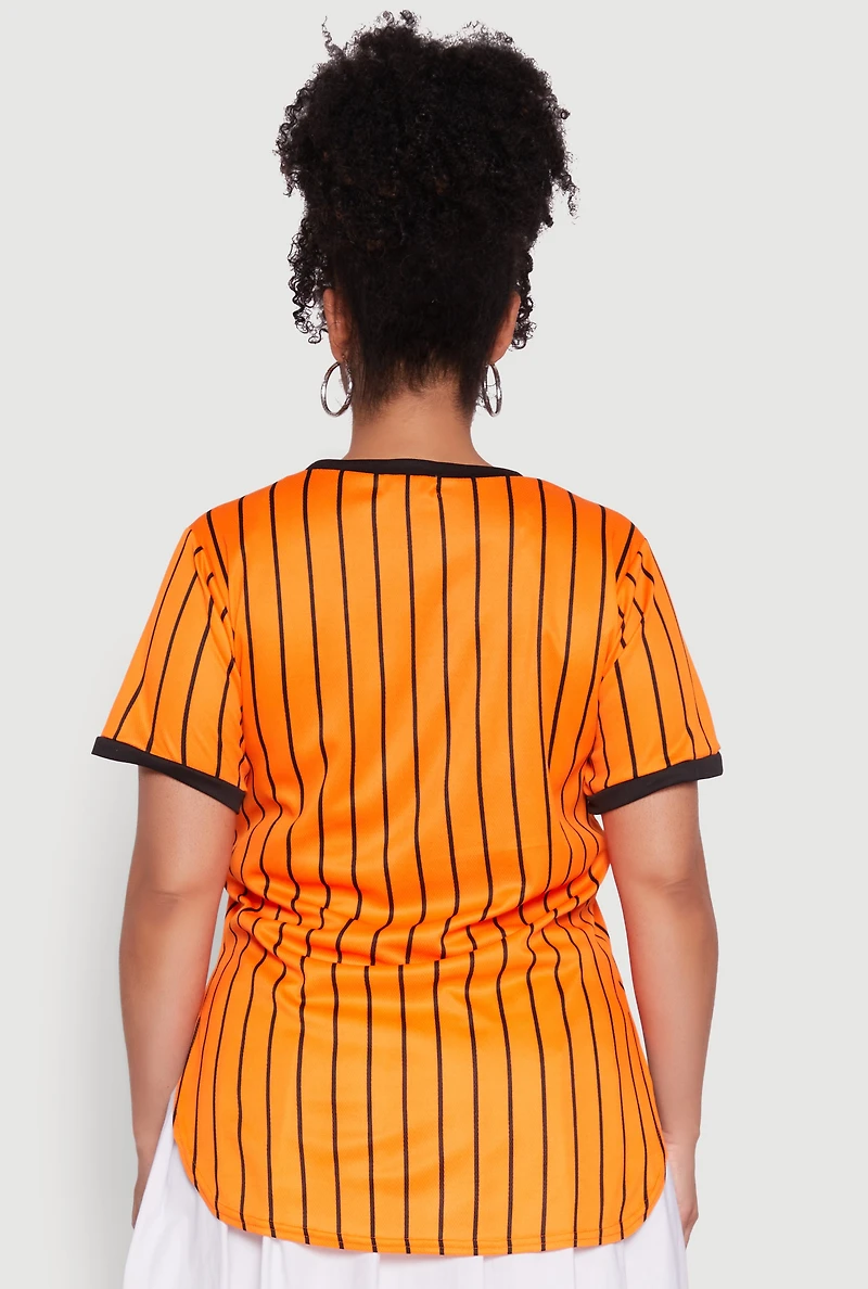 Womens Plus Size Good Vibes 01 Pinstripe Baseball Jersey, Orange, Size 3X