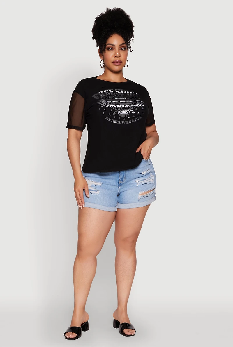 Womens Plus Size Free Spirit Graphic Mesh Top, Black, Size 2X