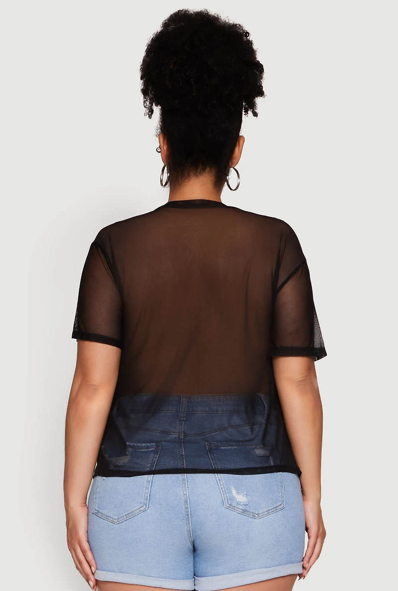 Womens Plus Size Free Spirit Graphic Mesh Top, Black, Size 2X
