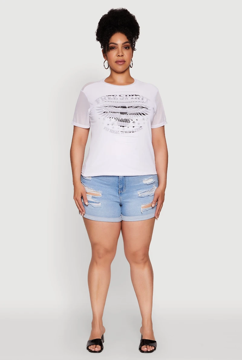 Womens Plus Size Free Spirit Graphic Mesh Top, White, Size 1X