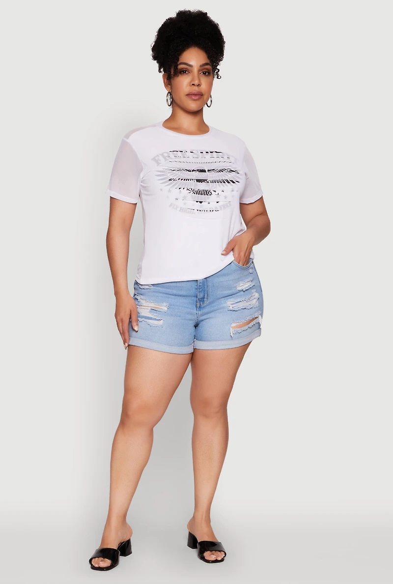 Womens Plus Size Free Spirit Graphic Mesh Top, White, Size 1X