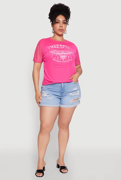 Womens Plus Size Free Spirit Graphic Mesh Top, Pink, Size 2X