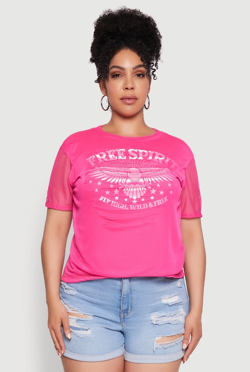 Womens Plus Size Free Spirit Graphic Mesh Top, Pink, Size 1X