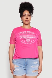 Womens Plus Size Free Spirit Graphic Mesh Top, Pink, Size 1X