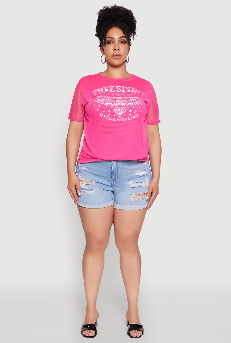 Womens Plus Size Free Spirit Graphic Mesh Top, Pink, Size 1X