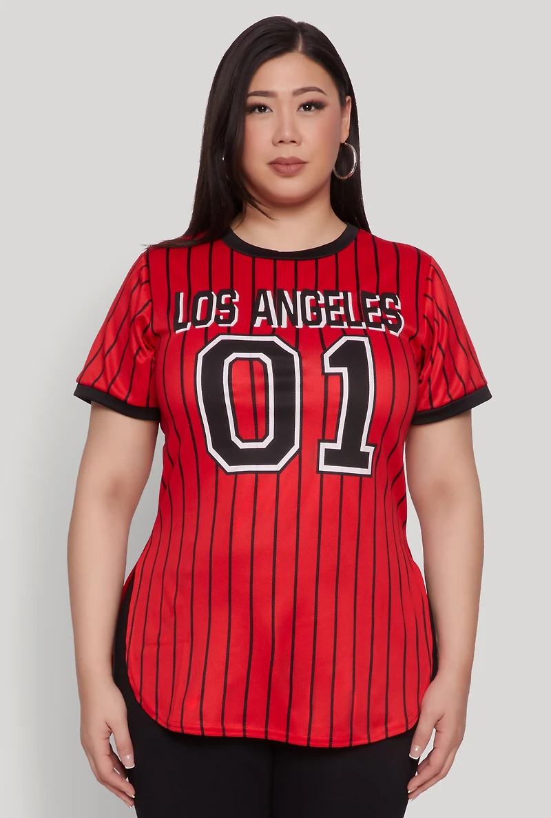 Womens Plus Size Los Angeles 01 Pinstripe Baseball Jersey, Red, Size 3X