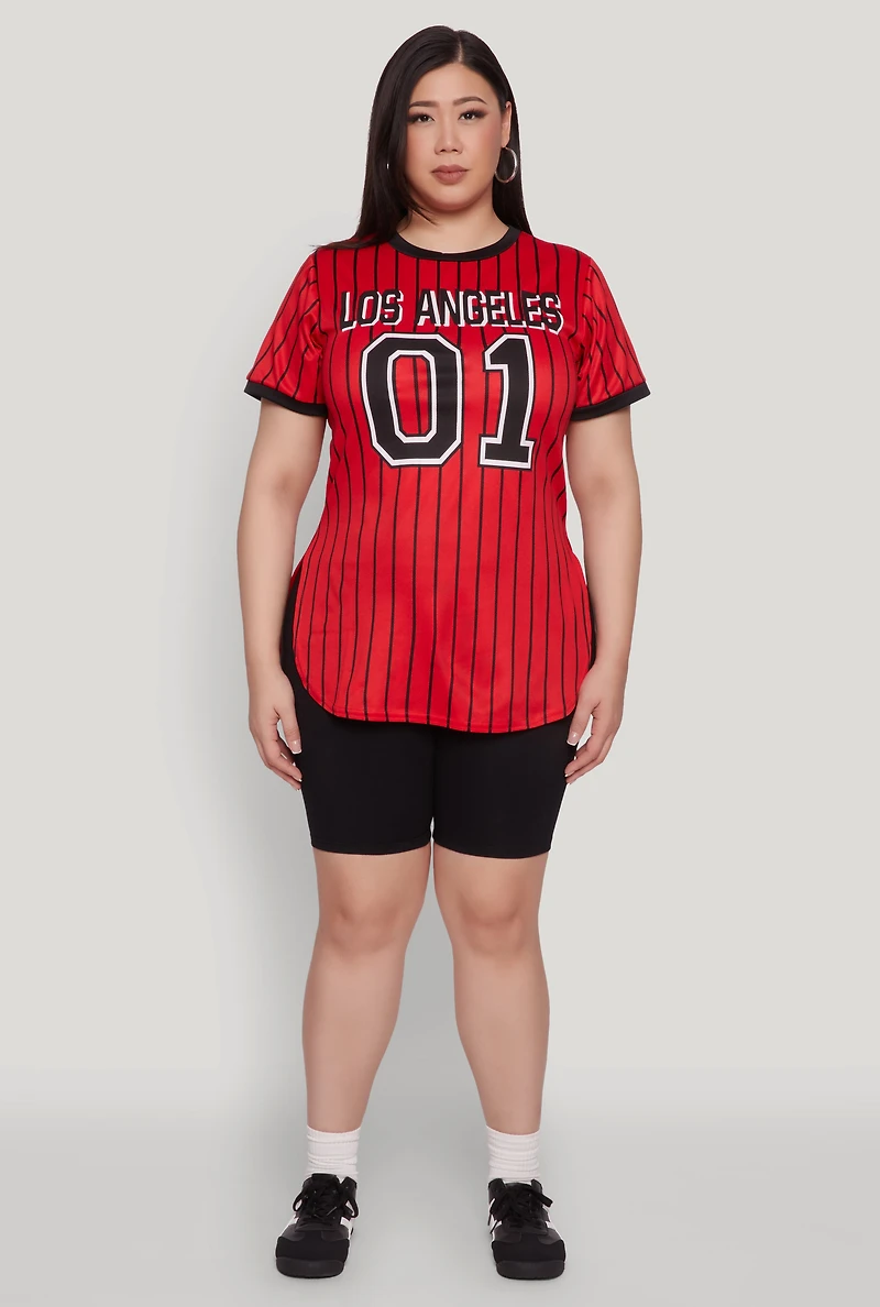 Womens Plus Size Los Angeles 01 Pinstripe Baseball Jersey, Red, Size 2X