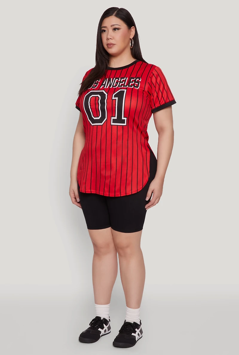 Womens Plus Size Los Angeles 01 Pinstripe Baseball Jersey, Red, Size 2X
