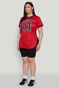 Womens Plus Size Los Angeles 01 Pinstripe Baseball Jersey, Red, Size 2X
