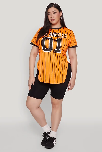 Womens Plus Size Los Angeles 01 Pinstripe Baseball Jersey, Orange, Size 2X