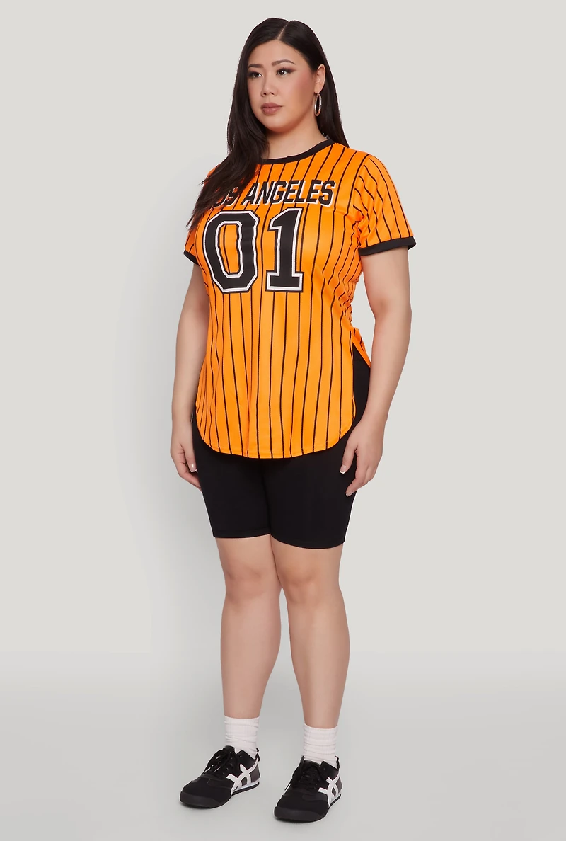 Womens Plus Size Los Angeles 01 Pinstripe Baseball Jersey, Orange, Size 2X