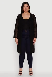 Womens Plus Size Chic Wavy Stripe Mesh Duster, Black, Size 1X