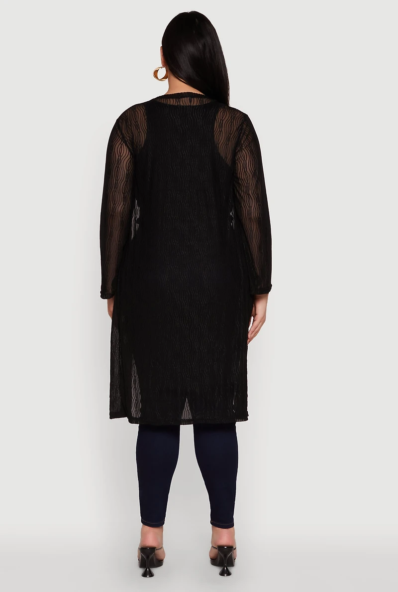 Womens Plus Size Chic Wavy Stripe Mesh Duster, Black, Size 1X