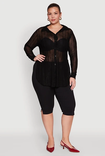 Womens Plus Sheer Classic Fit Long Sleeve Tunic Shirt,
