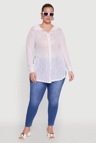 Womens Plus Size Sheer Classic Fit Long Sleeve Tunic Shirt, White, Size 2X