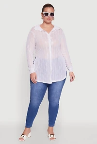 Womens Plus Size Sheer Classic Fit Long Sleeve Tunic Shirt, White, Size 2X