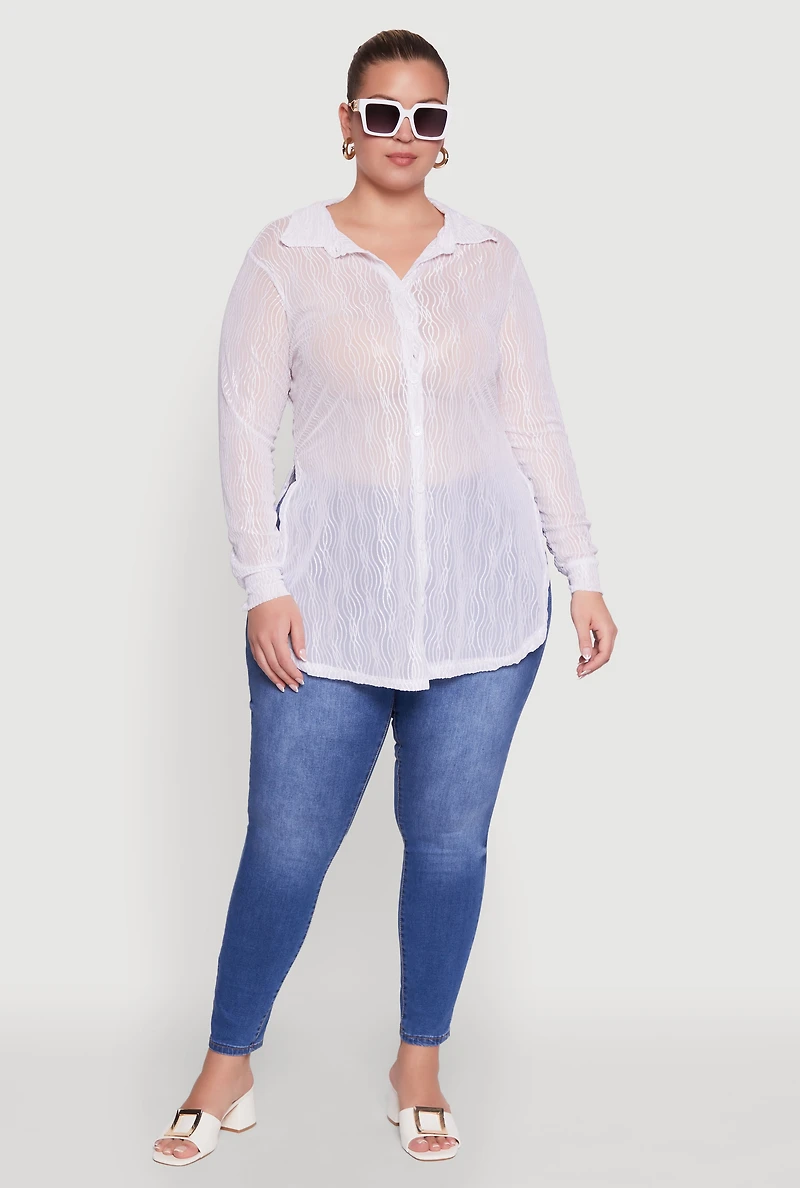 Womens Plus Size Sheer Classic Fit Long Sleeve Tunic Shirt, White, Size 4X