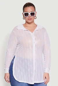 Womens Plus Size Sheer Classic Fit Long Sleeve Tunic Shirt, White, Size 2X