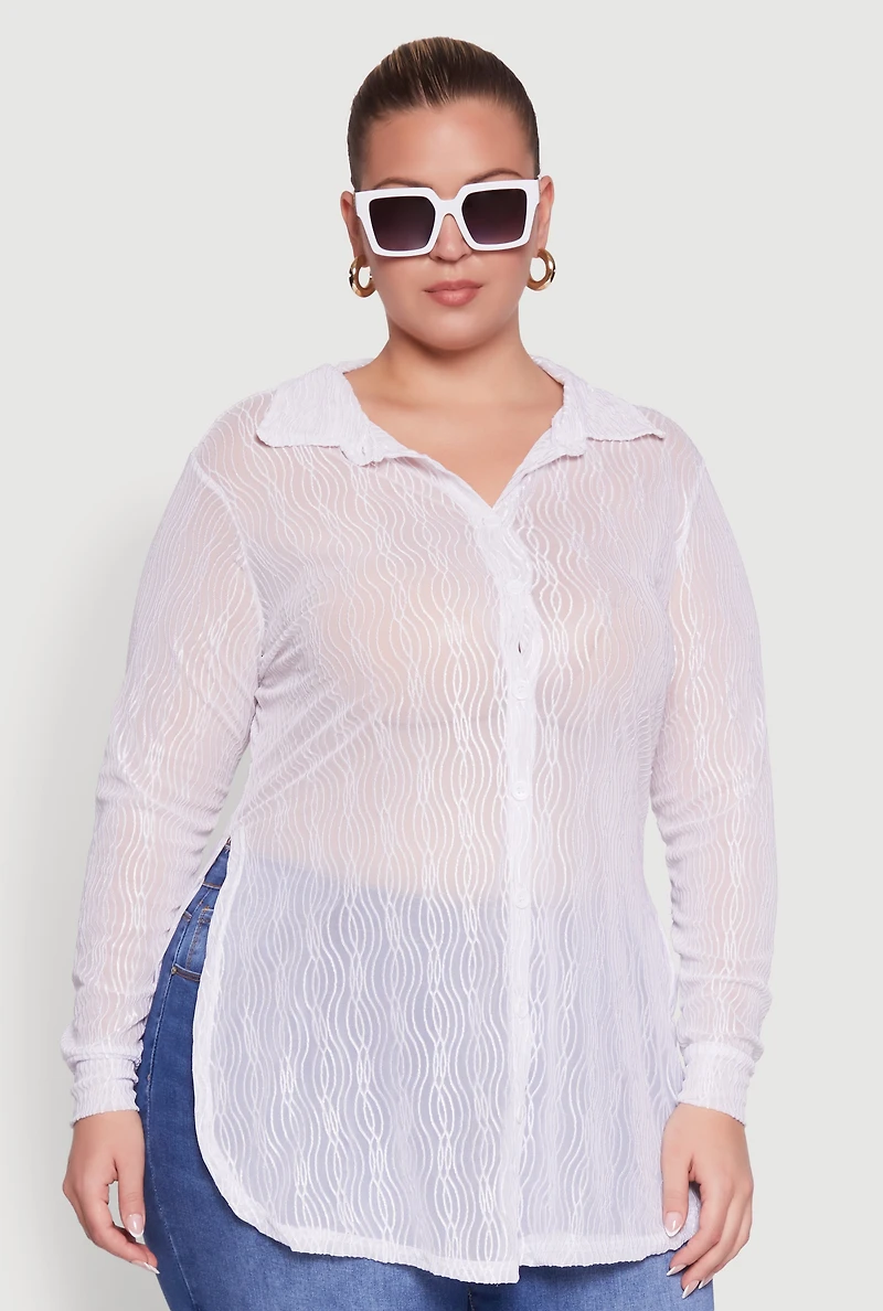 Womens Plus Size Sheer Classic Fit Long Sleeve Tunic Shirt, White, Size 4X