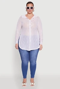 Womens Plus Size Sheer Classic Fit Long Sleeve Tunic Shirt, White, Size 2X