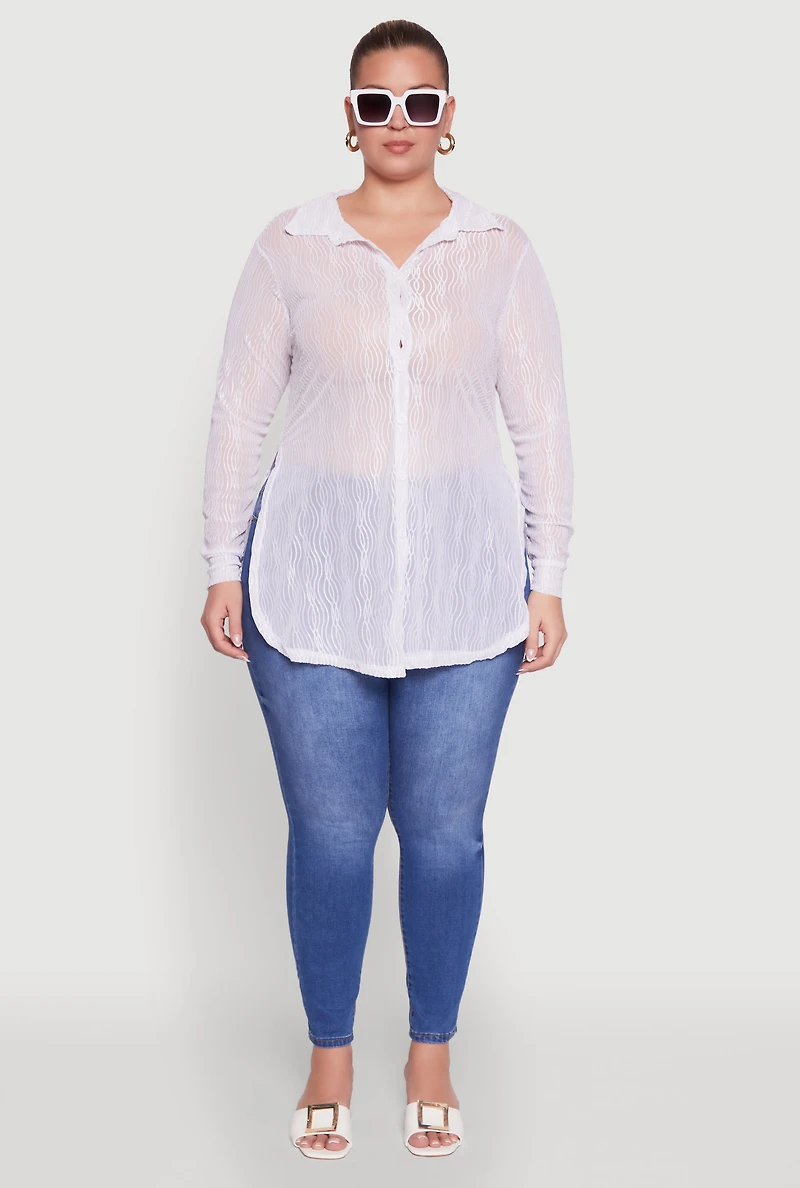 Womens Plus Size Sheer Classic Fit Long Sleeve Tunic Shirt, White, Size 4X