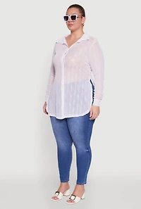 Womens Plus Size Sheer Classic Fit Long Sleeve Tunic Shirt, White, Size 4X