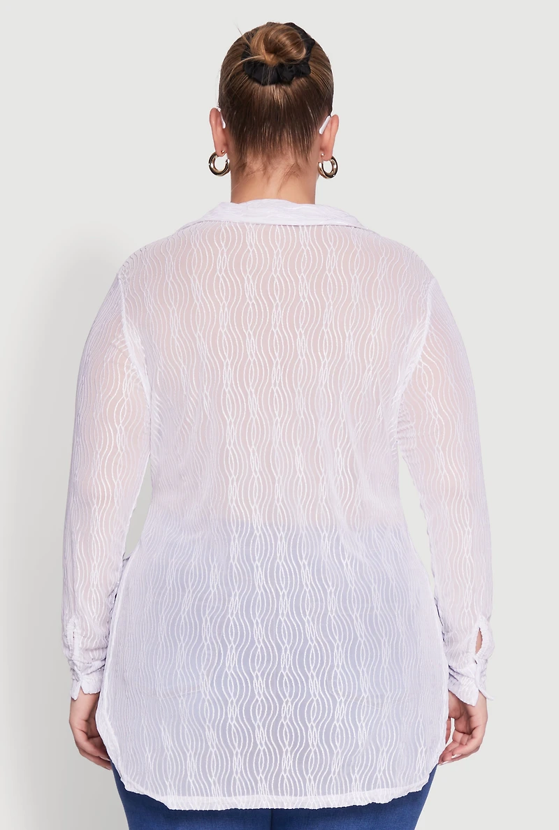 Womens Plus Size Sheer Classic Fit Long Sleeve Tunic Shirt, White, Size 2X