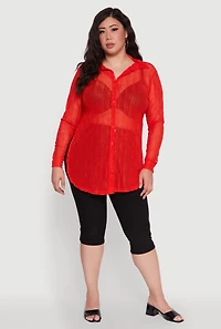 Womens Plus Size Sheer Classic Fit Long Sleeve Tunic Shirt, Red, Size 2X