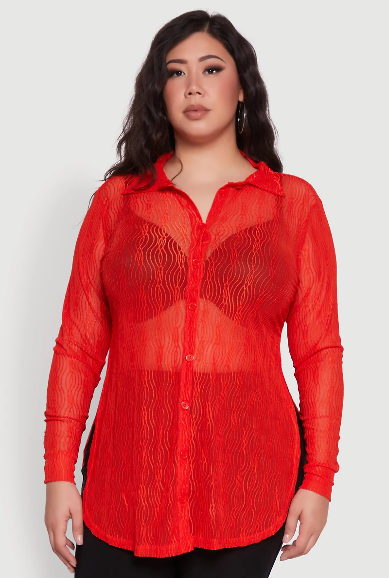 Womens Plus Size Sheer Classic Fit Long Sleeve Tunic Shirt, Red, Size 2X