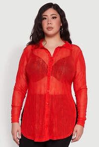 Womens Plus Size Sheer Classic Fit Long Sleeve Tunic Shirt, Red, Size 2X