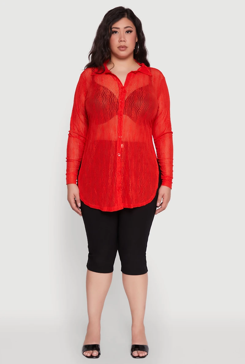 Womens Plus Size Sheer Classic Fit Long Sleeve Tunic Shirt, Red, Size 2X