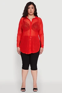 Womens Plus Size Sheer Classic Fit Long Sleeve Tunic Shirt, Red, Size 2X