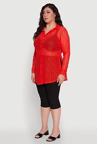 Womens Plus Size Sheer Classic Fit Long Sleeve Tunic Shirt, Red, Size 2X