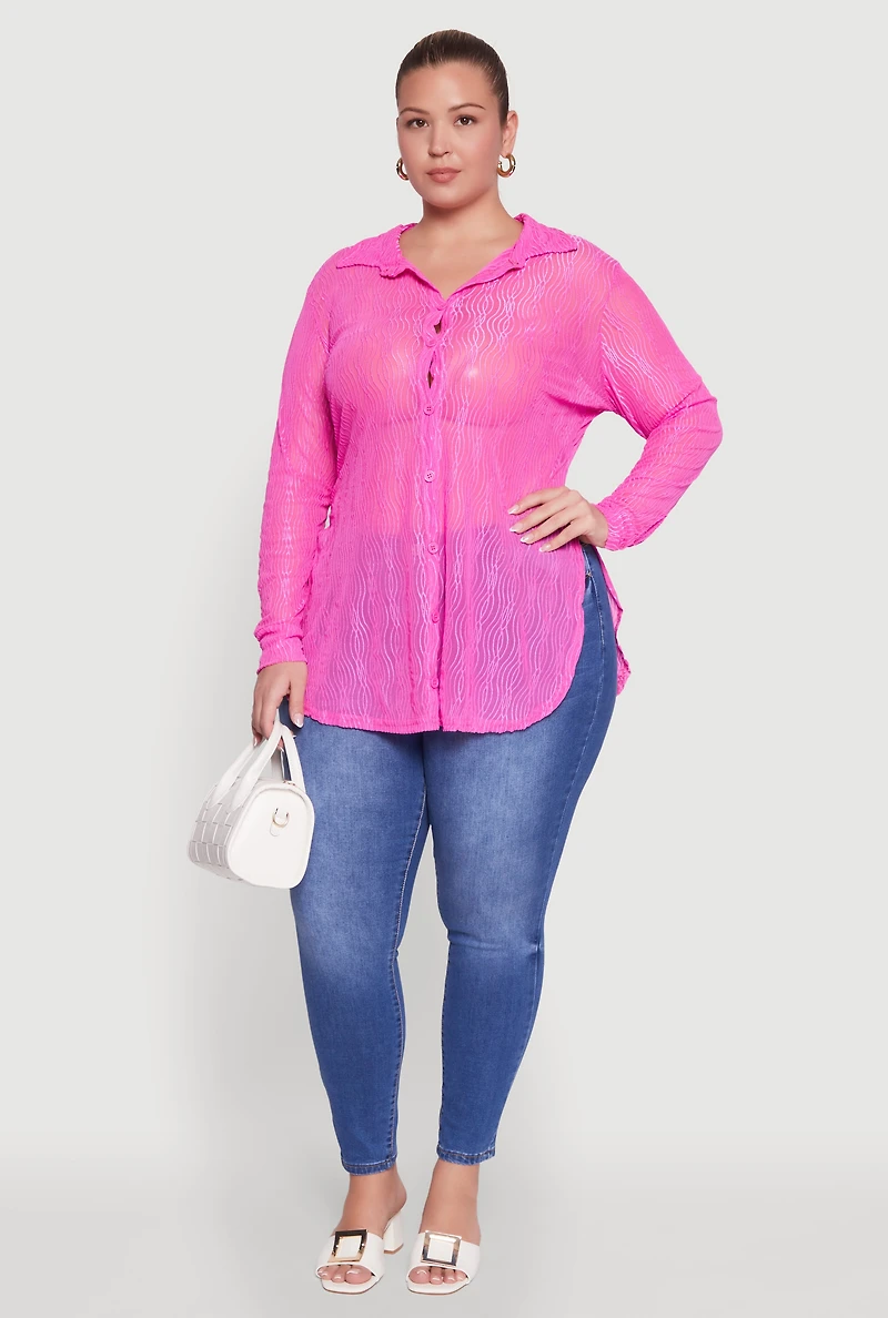 Womens Plus Sheer Classic Fit Long Sleeve Tunic Shirt, Pink,