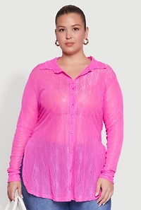 Womens Plus Sheer Classic Fit Long Sleeve Tunic Shirt, Pink,