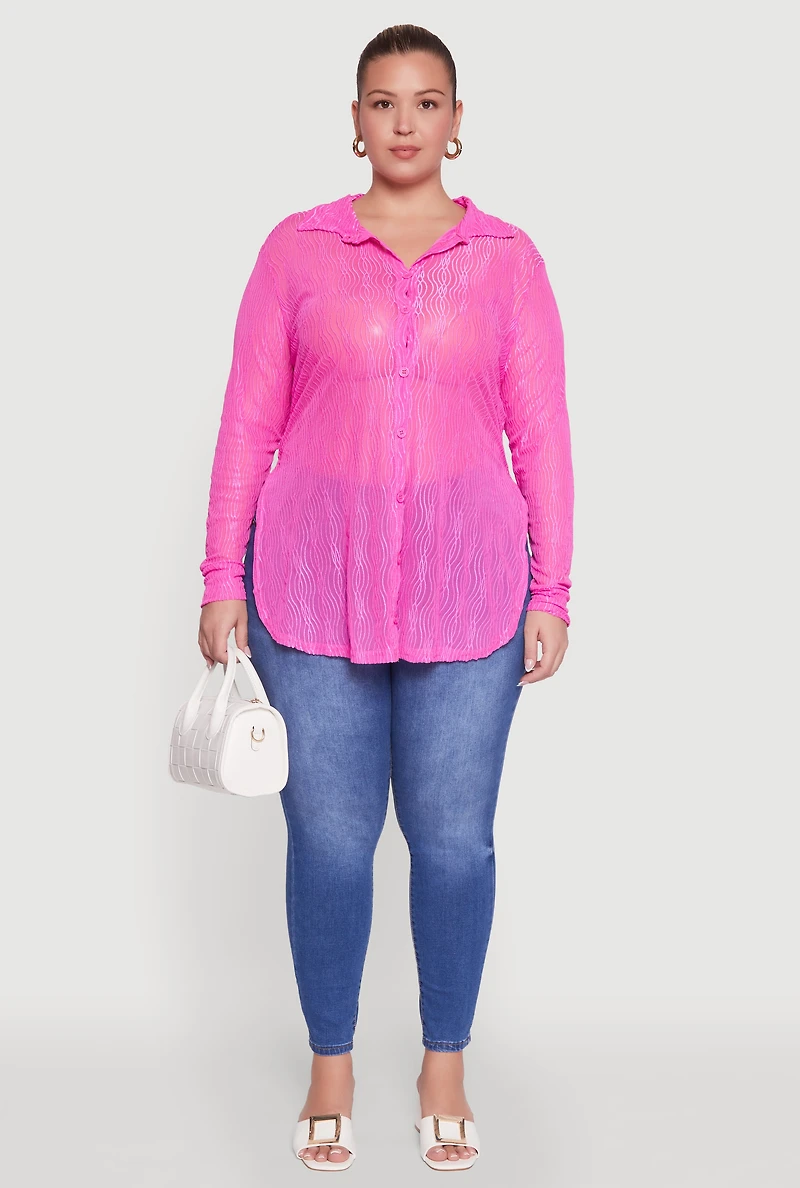 Womens Plus Sheer Classic Fit Long Sleeve Tunic Shirt, Pink,