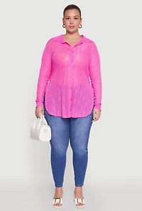 Womens Plus Sheer Classic Fit Long Sleeve Tunic Shirt, Pink,