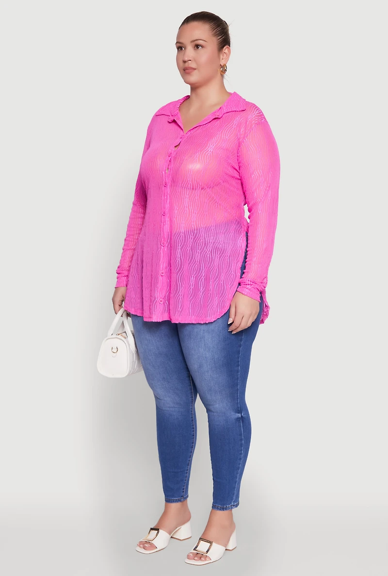 Womens Plus Sheer Classic Fit Long Sleeve Tunic Shirt, Pink,