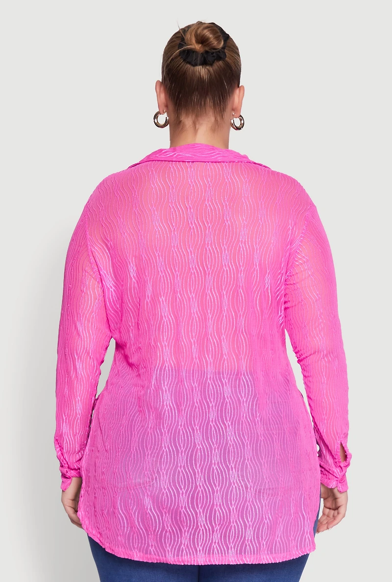 Womens Plus Sheer Classic Fit Long Sleeve Tunic Shirt, Pink,