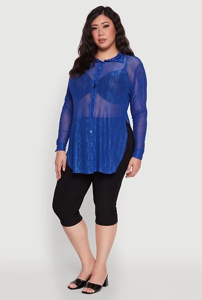 Womens Plus Sheer Classic Fit Long Sleeve Tunic Shirt,