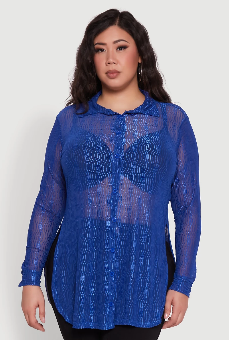 Womens Plus Sheer Classic Fit Long Sleeve Tunic Shirt,