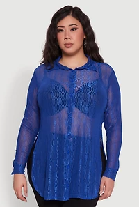 Womens Plus Sheer Classic Fit Long Sleeve Tunic Shirt,