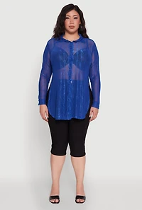 Womens Plus Sheer Classic Fit Long Sleeve Tunic Shirt,